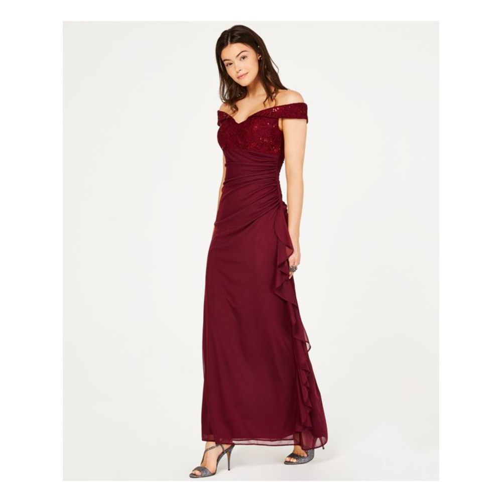 B&A  BY BETSY & ADAM Womens Burgundy Off The Shoulder Maxi Dress Petites 8P